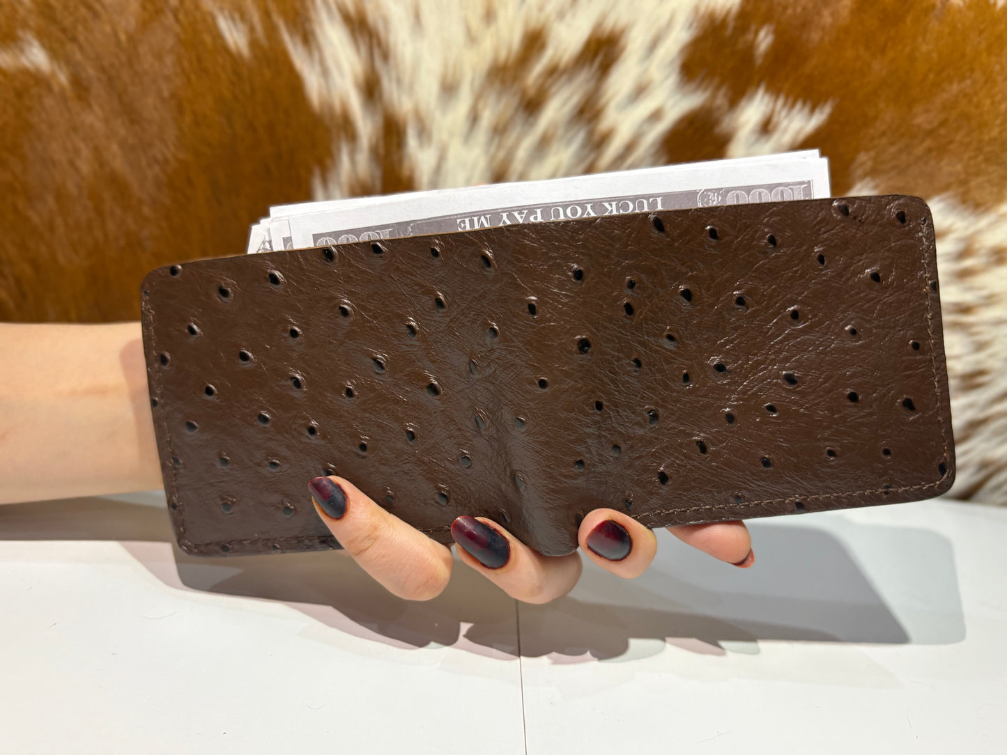Long Ostrich Skin Wallet | Exotic, Smooth Texture, Timeless Elegance.